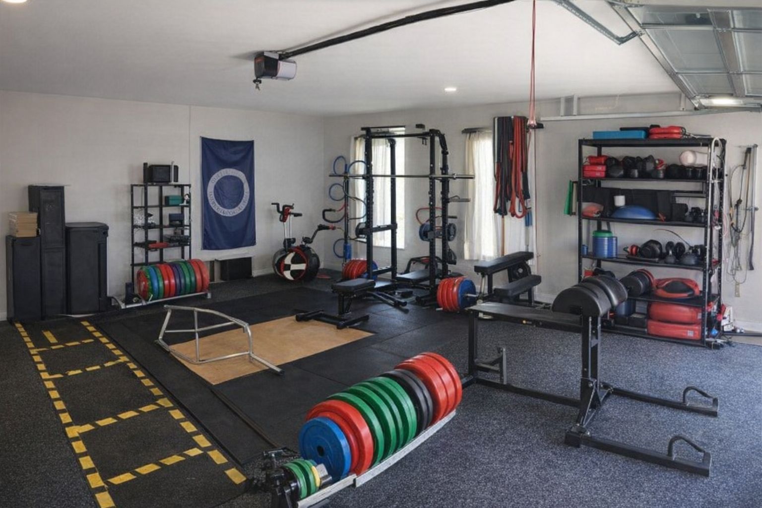 Välutrustat hemgym i ett garage med träningsmaskiner och fria vikter.